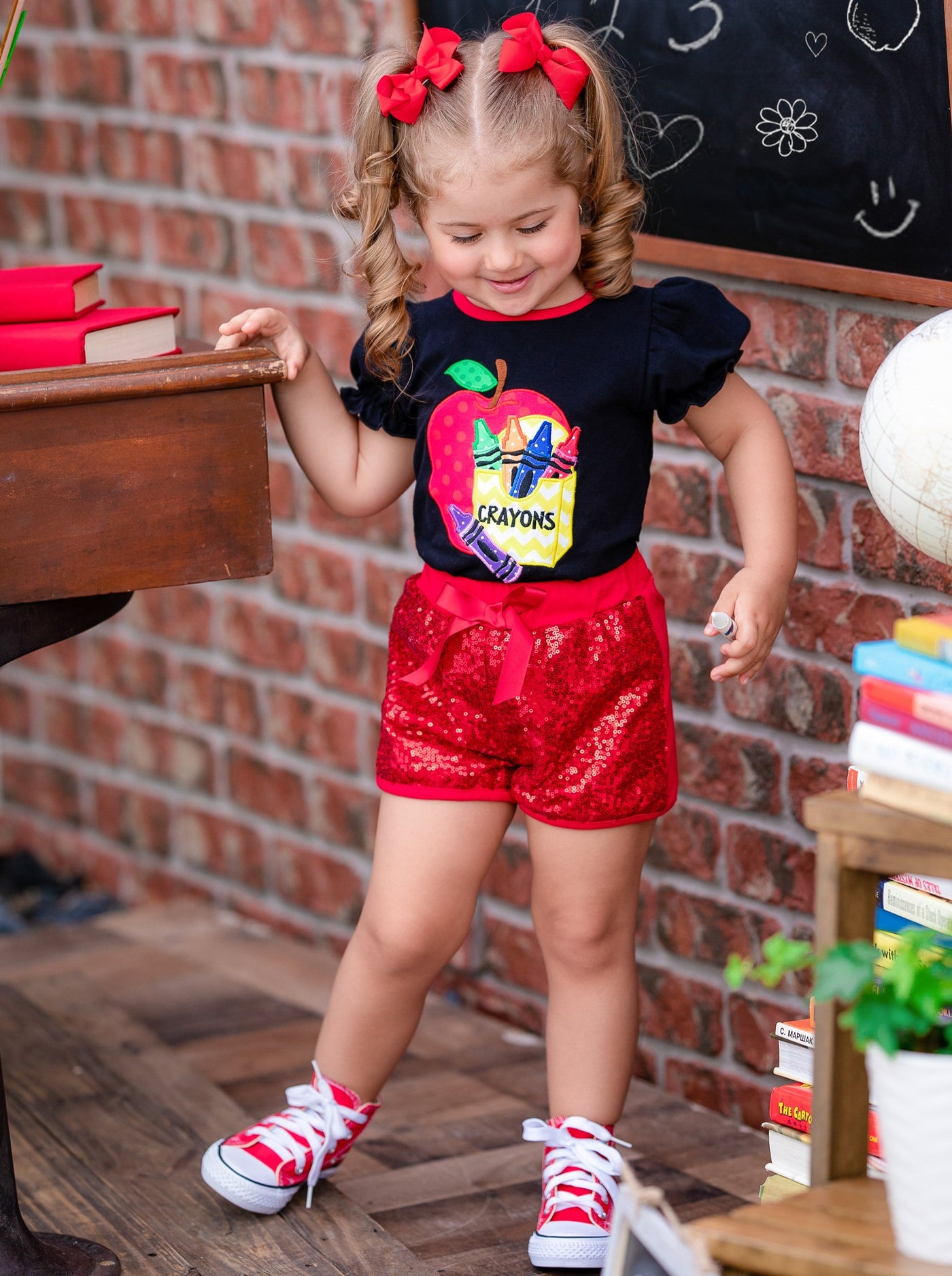 Little girls back to school apple and crayon graphic top with puffed short sleeves and sequin mesh shorts with bow - Mia Belle Girls