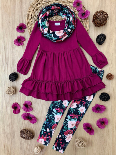 Girls Winter Casual Set | Winter Floral Tunic, Scarf, & Legging Set