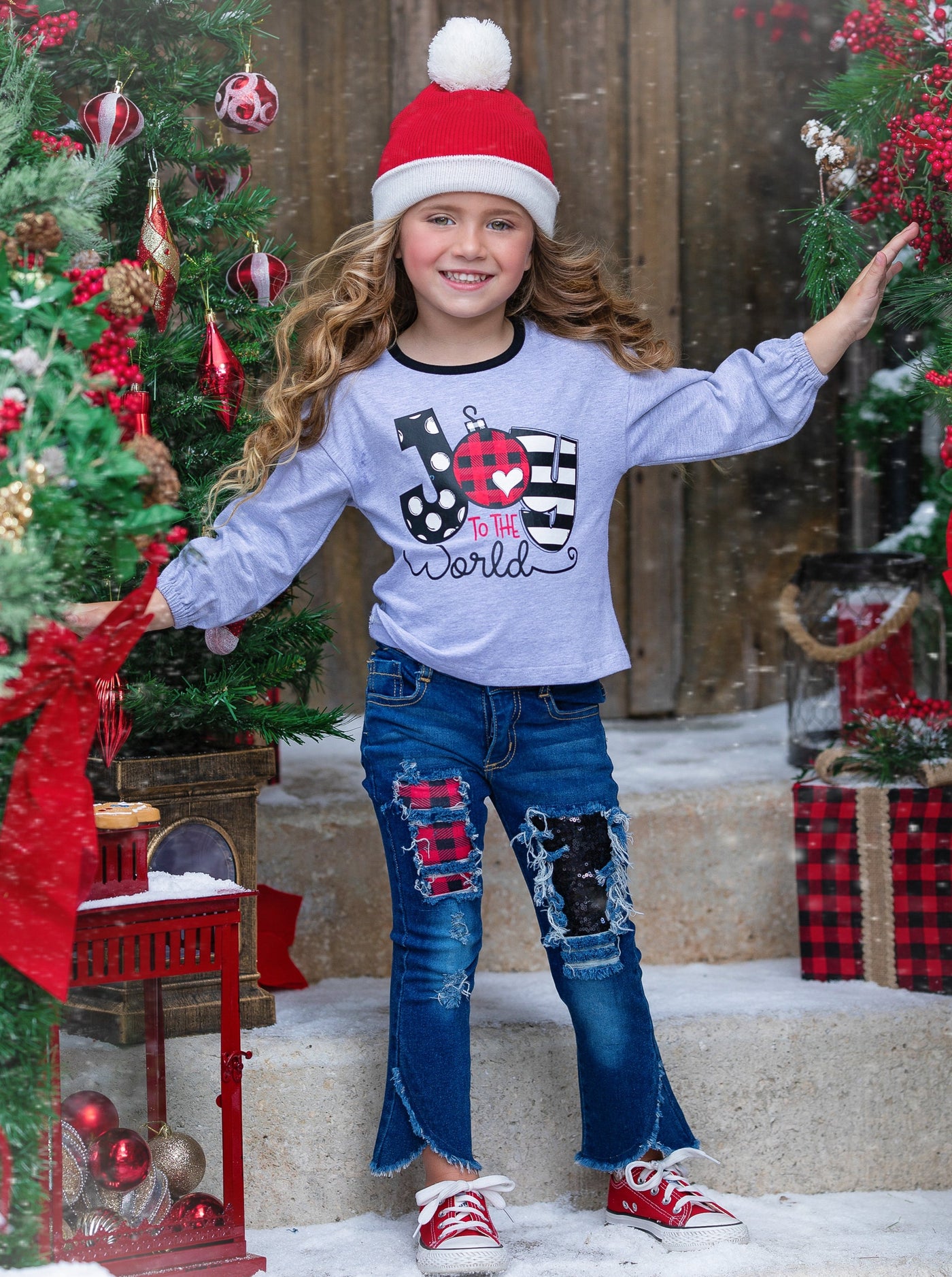Toddler Winter Clothes | Girls Joy To The World Top & Patched Jean Set