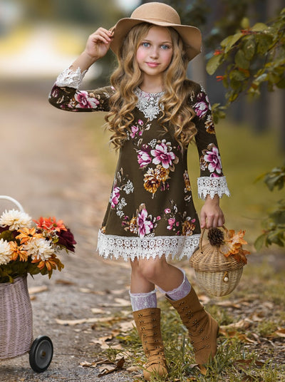 Little girls Fall boho long-sleeve Gaby-style dress with floral print and crochet lace collar, cuffs, and hem - Mia Belle Girls