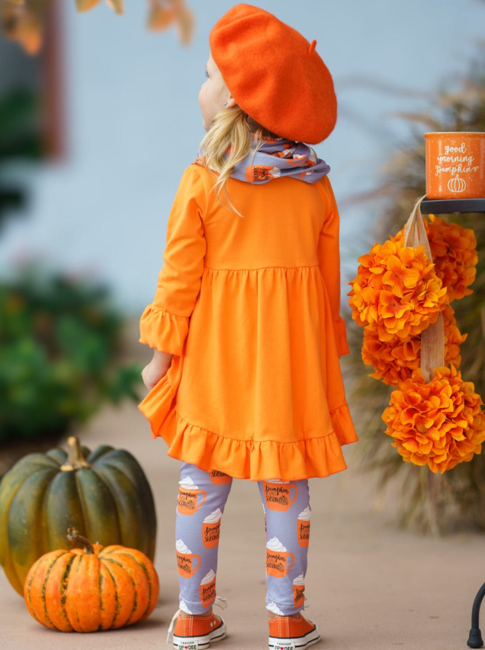 Girls Fall Outfits | Pumpkin Spice Season Tunic, Scarf & Legging Set