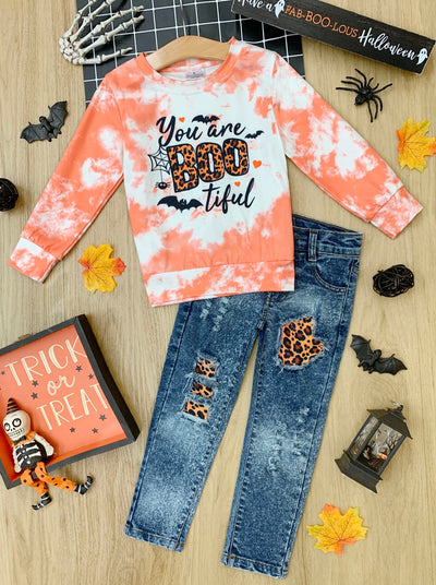 Girls Halloween Tie Dye Pullover & Patched Jeans Set - Mia Belle Girls