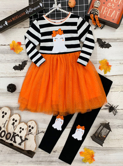 Girls Halloween long-sleeve tutu tunic with striped, ghost graphic bodice, glittery tulle layered skirt, and matching ghost patched knee leggings - Mia Belle Girls