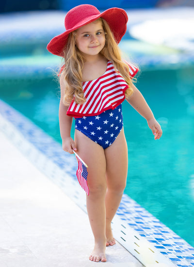 Kids Swimsuits | Girls USA Ruffle Bib One Shoulder One Piece Swimsuit