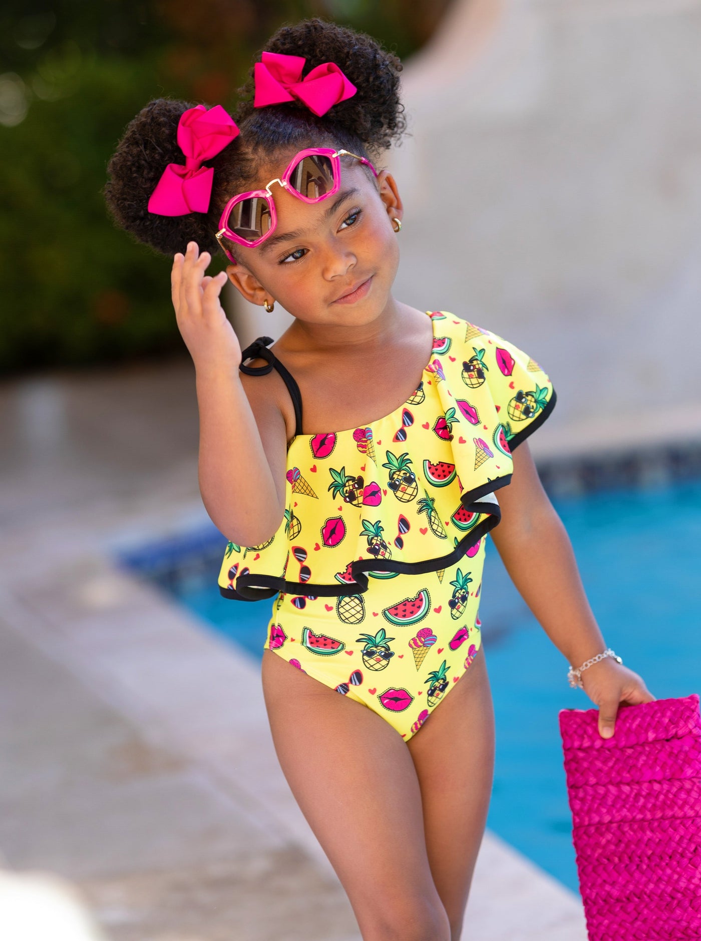Toddler Swimwear | Girls Tropic Emoji Shoulder One Piece Swimsuit