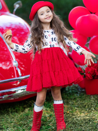 Toddler Valentine's Outfits| Long Sleeve XOXO Swiss Tulle Ruffle Dress