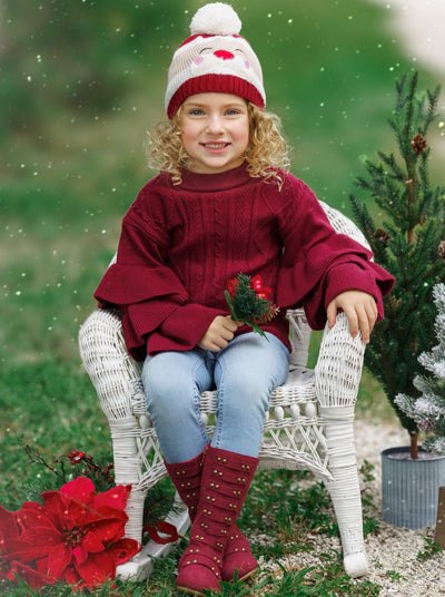 Cute Fall Sweaters | Girls Burgundy Tiered Sleeve Cable Knit Sweater