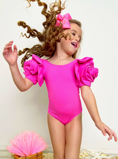 Girls Rose Sleeve Pink One Piece Swimsuit | Mia Belle Girls Swimwear