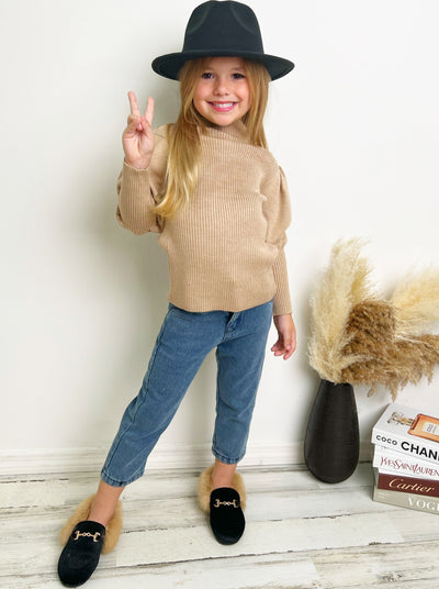 Toddlers Fall Tops | Girls Long Puff  Sleeve Turtleneck Rib Knit Top