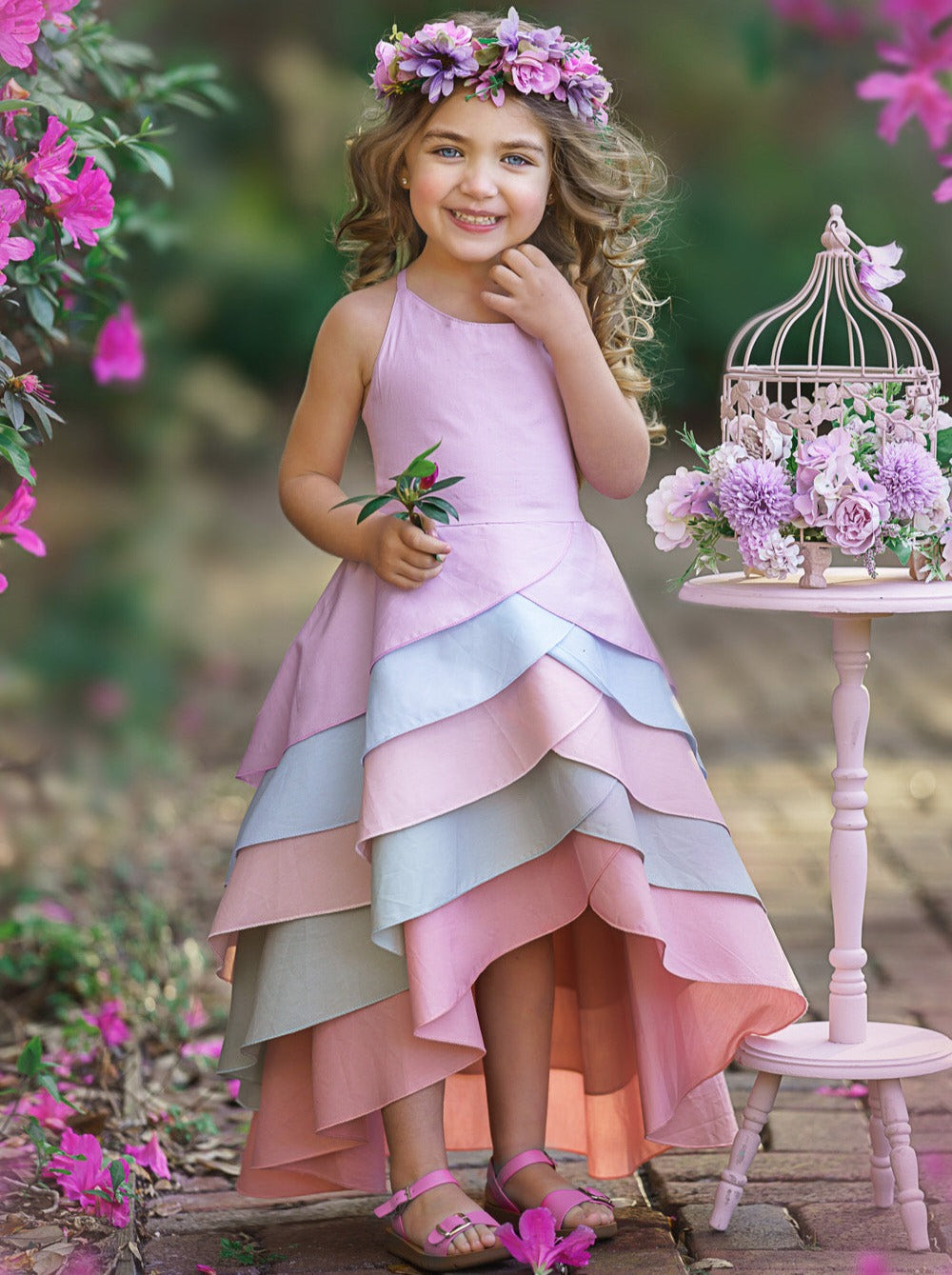 Toddler Spring Dresses  Girls Pastel Rainbow Tiered Hi-Lo Dress