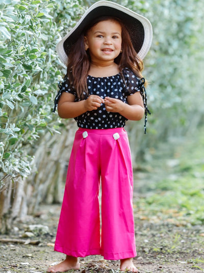 Girls Tie Sleeve Crop Top and Buttoned Palazzo Pants Set - Fuchsia / 2T/3T - Girls Spring Casual Set