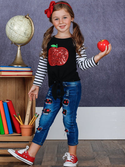  Day of School | Sequin Apple Top & Patched Jeans | Mia Belle Girls