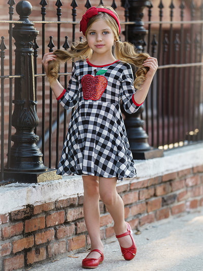 Girls Sequin Apple Scoop Back Twirl Plaid Dress | Mia Belle Girls