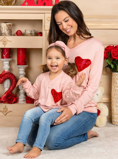 Mommy and Me Matching Tops | Sequin Heart Pink Long Sleeve Top