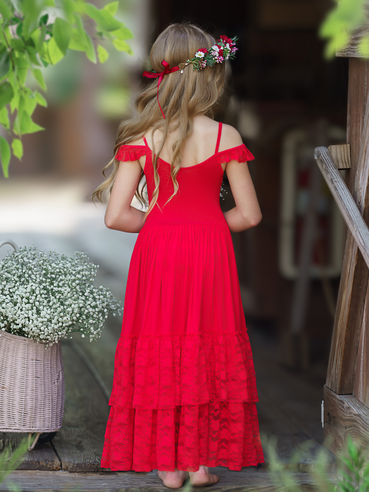 Mia Belle Girls Red Lace Ruffle Tiered Maxi Dress | 4th of July