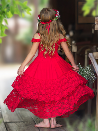 Mia Belle Girls Red Lace Ruffle Tiered Maxi Dress | 4th of July
