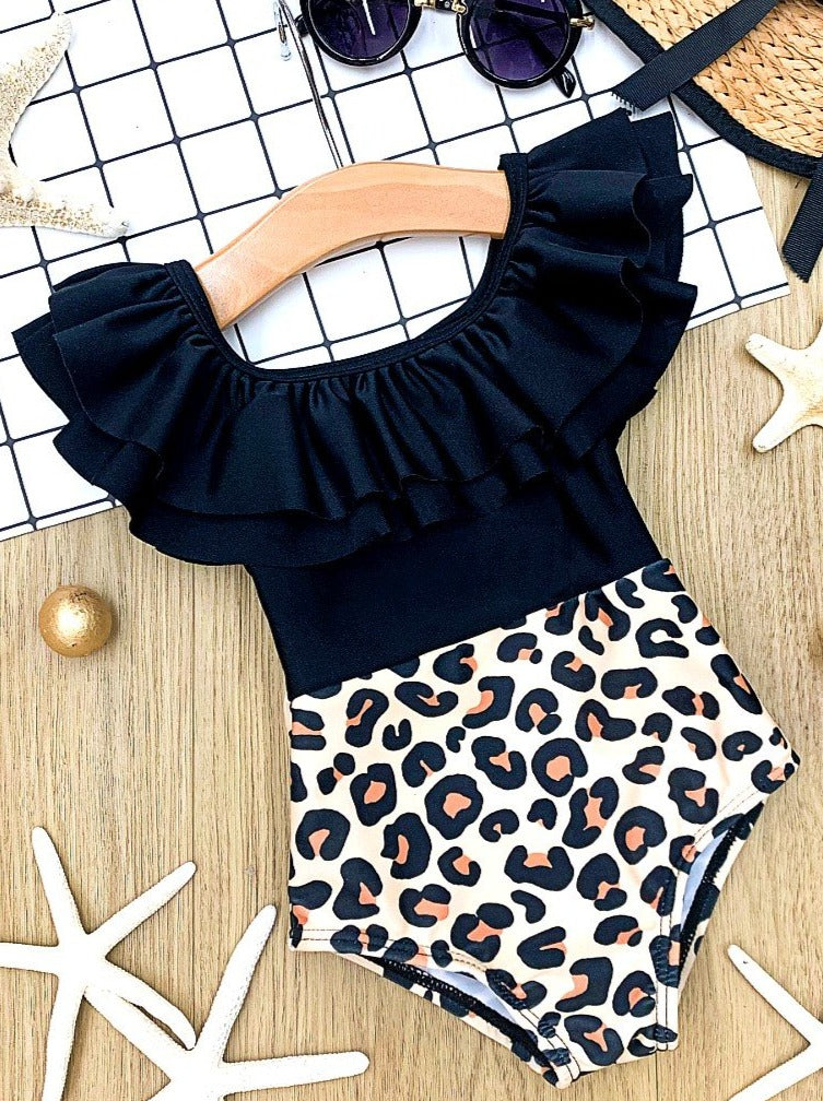 One Piece Girls Swimsuit | Ruffle Shoulder Leopard Colorblock Swimsuit