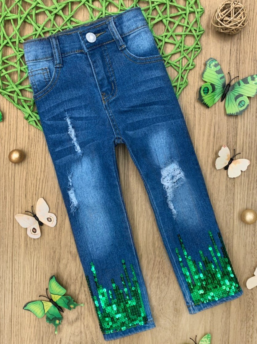 Kids Denim Clothes, Green Sequin Hem Ripped Jeans