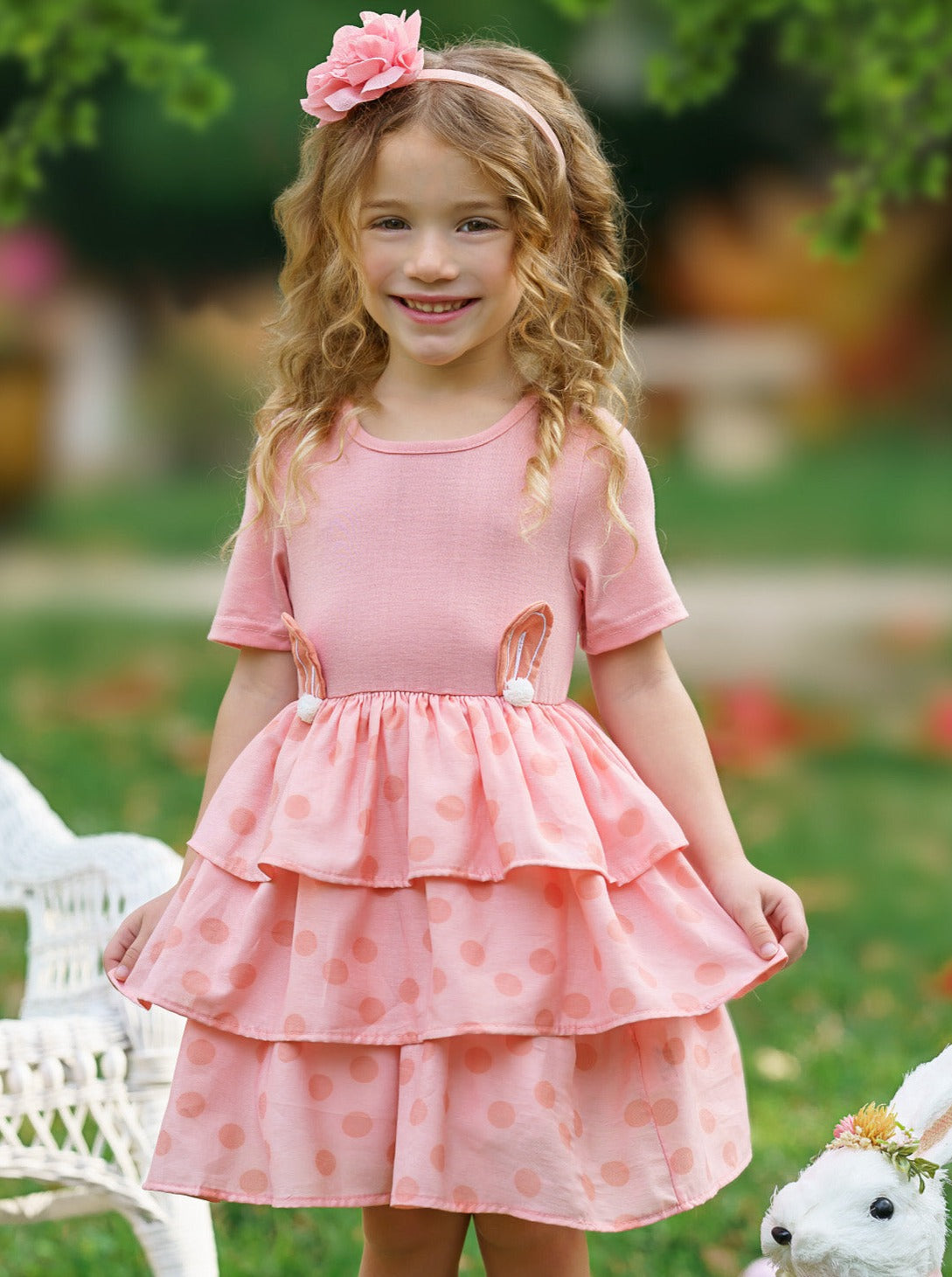 Mia Belle Girls Easter Dresses | Dotted Bunny Ears Tiered Ruffle Dress