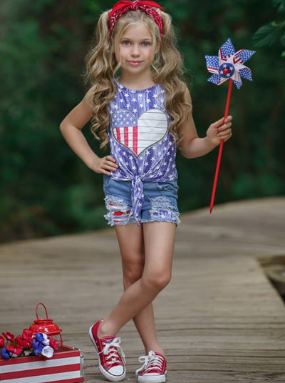Girls 4th of July Outfits | Knot Hem Top & Patched Denim Shorts Set 