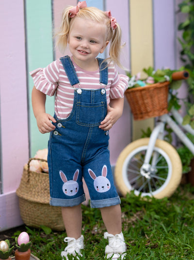 Causal Easter Outfits | Girls Striped Top & Denim Bunny Overall Set