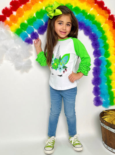 St. Patrick's Day Clothes | Little Girls Unicorn Ruffled Raglan Top