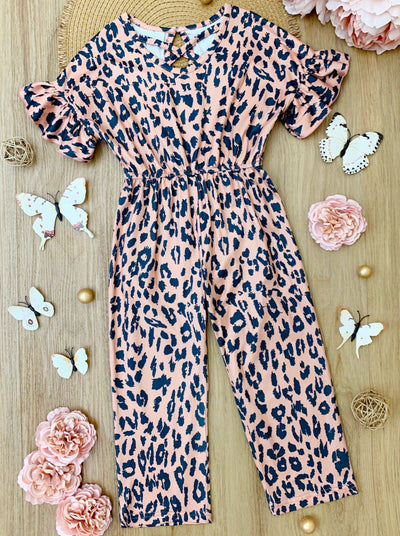 Cute Toddler Outfit | Girls Spring Leopard Ruffle Sleeve Jumpsuit