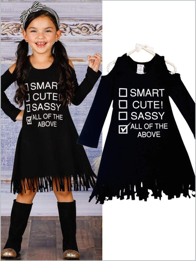 Girls "Smart, Cute, Sassy, All of the Above" Checklist Cold Shoulder Fringe Graphic Statement Dress