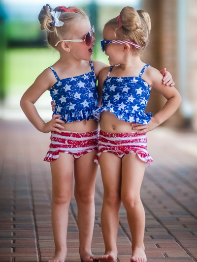 Girls Americana Ruffle Tankini Two Piece Swimsuit | 4th of July