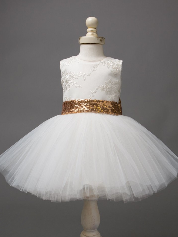 Baby tutu dress has an embroidered floral bodice, a sequin belt at the waistline with a big bow at the back, and a tutu skirt