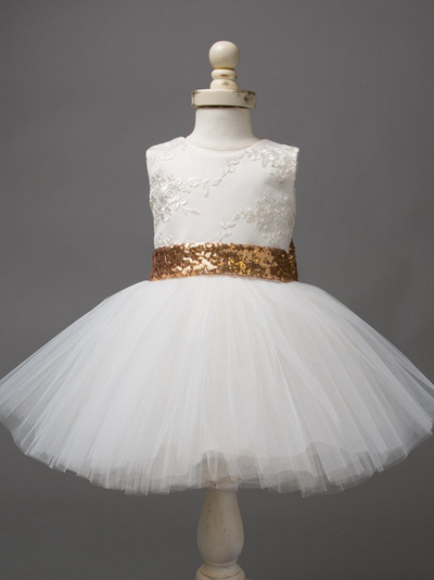 Baby tutu dress has an embroidered floral bodice, a sequin belt at the waistline with a big bow at the back, and a tutu skirt