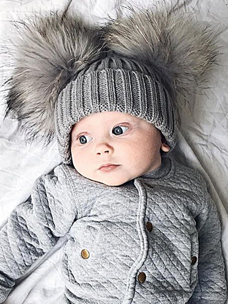 Baby Faux Fur Pom Pom Knit Bobble Hat, Grey / One Size