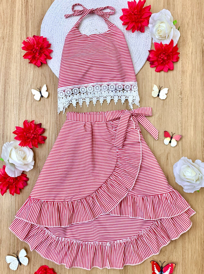Mia Belle Girls Red Stripe Crochet Top & Skirt Set | Spring Wear