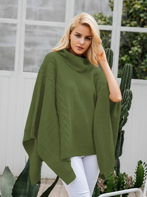 Women's Turtleneck Pullover Poncho Cardigan Green