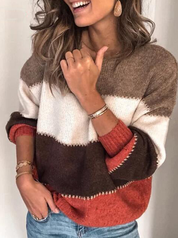 Women's Autumn Ambiance Color Block Long Sleeve Sweater Brown
