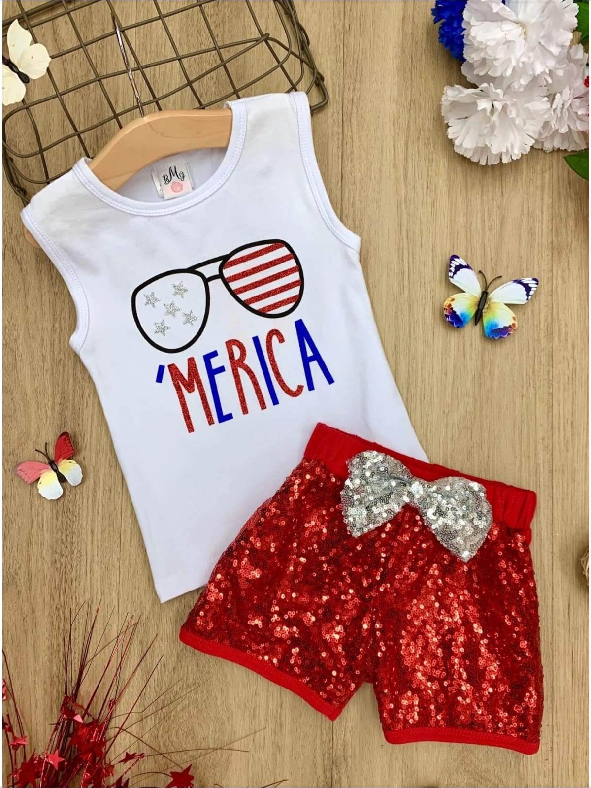 Girls 4th of July Themed Printed Top & Sequin Bow Shorts Set - Red / XS-2T - Girls 4th of July Set