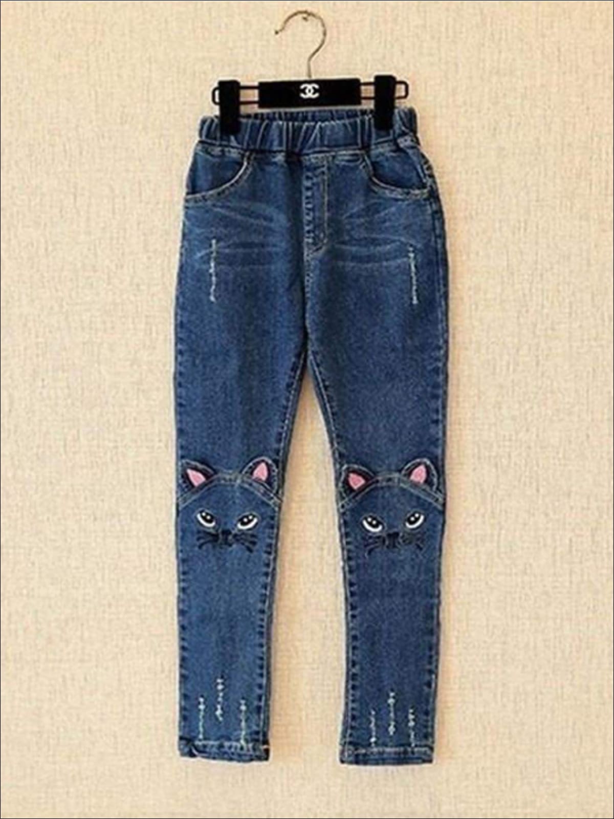 Kids Denim Clothes | Kitty Cat Knee Jeans | Mia Belle Girls Boutique
