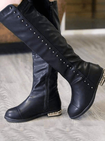 Girls Black Gold Studded Knee High Boots - Girls Boots