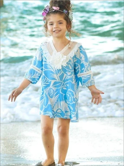Toddler Resort Wear | Girls Blue Tropical Floral Crochet Collar Tunic