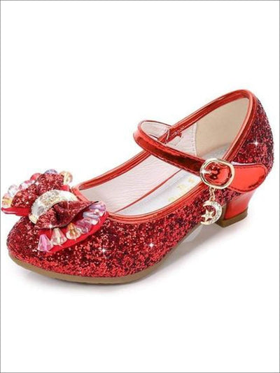 Kids Shoes By Liv & Mia | Girls Red Glitter Bowed Princess Mini Heels