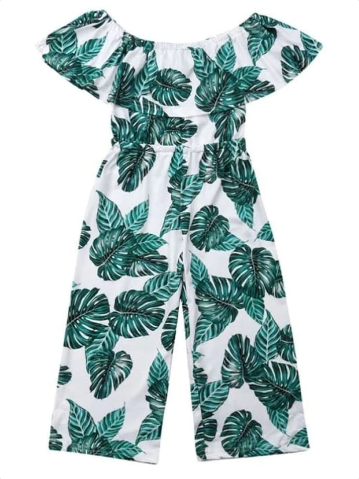 Girls Spring Outfits | Off Shoulder Palm Print Ruffle Bib Jumpsuit