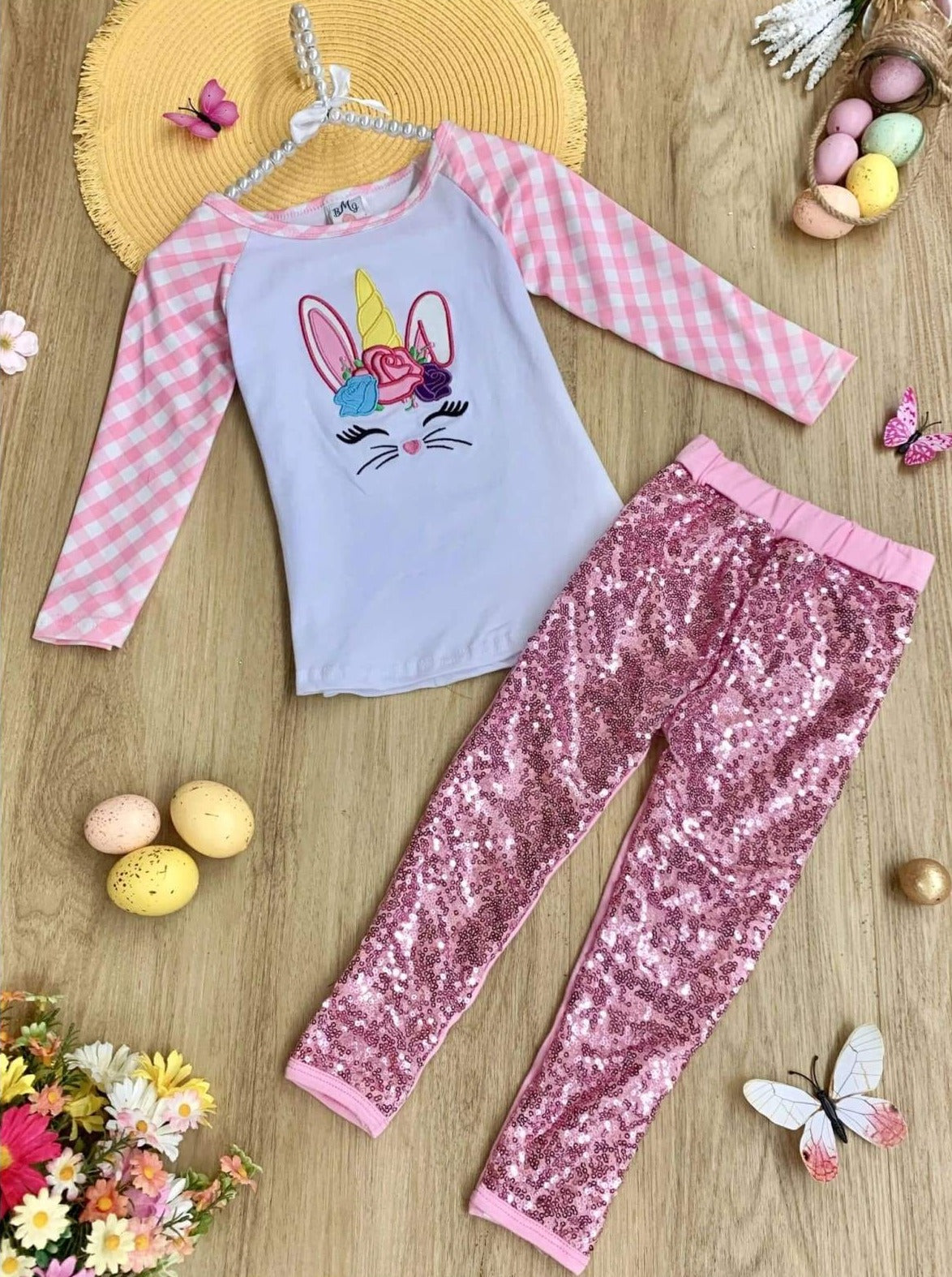 Mia Belle Girls Easter Themed Applique Top And Sequin Leggings Set