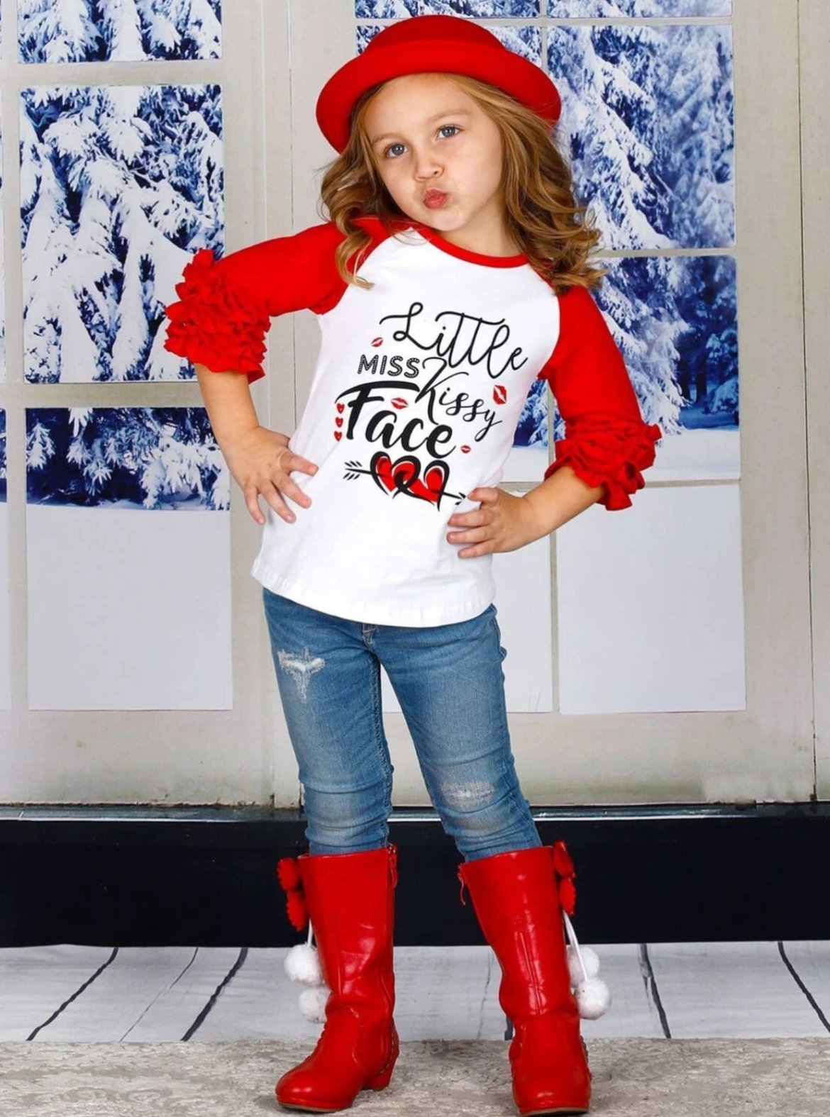 Kids Valentine's Top | Little Miss Kissy Face Ruffle Raglan Sleeve Top