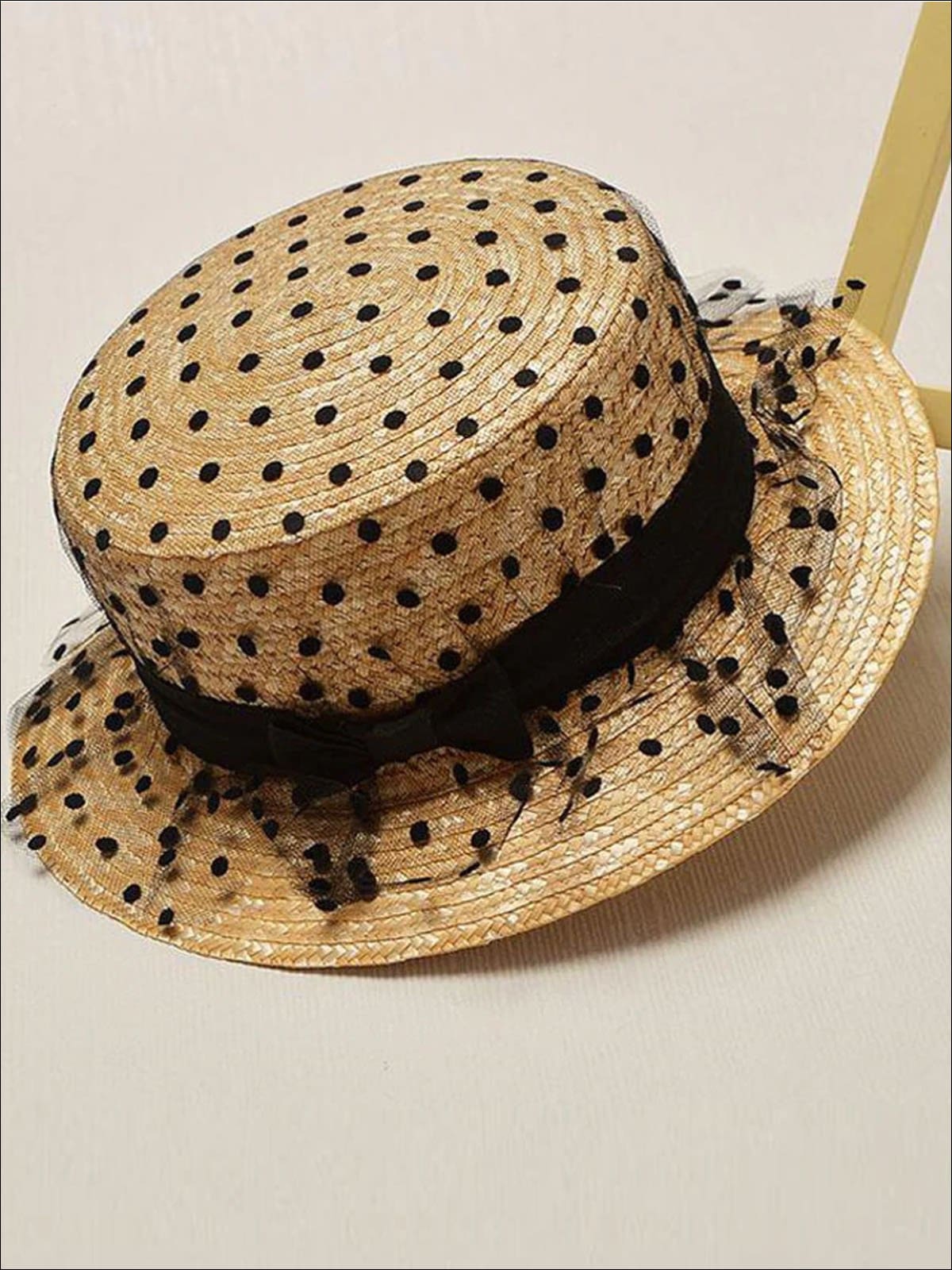 Girls Lace Dotted Mesh Straw Hat - Tan - Girls Hats