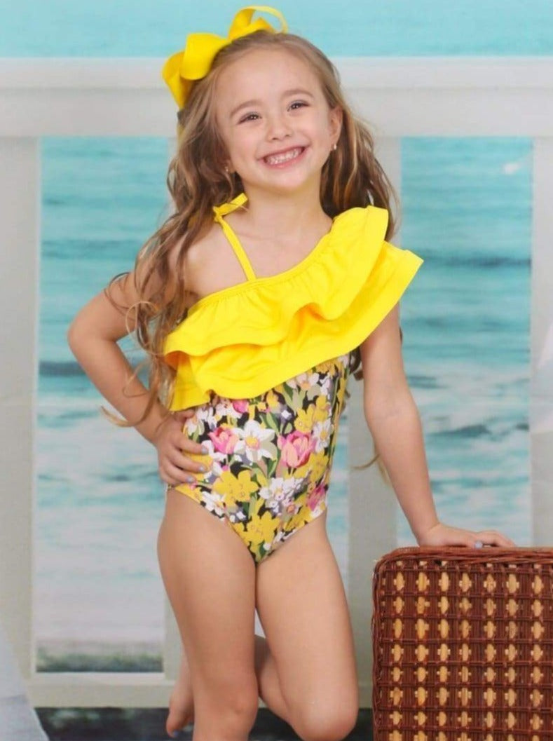 Girls Large Double Ruffled One Shoulder Floral One Piece Swimsuit