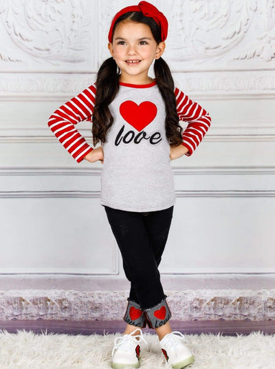 Toddler Valentine's Clothes | Stripe Raglan Top & Cuffed Jeans Set