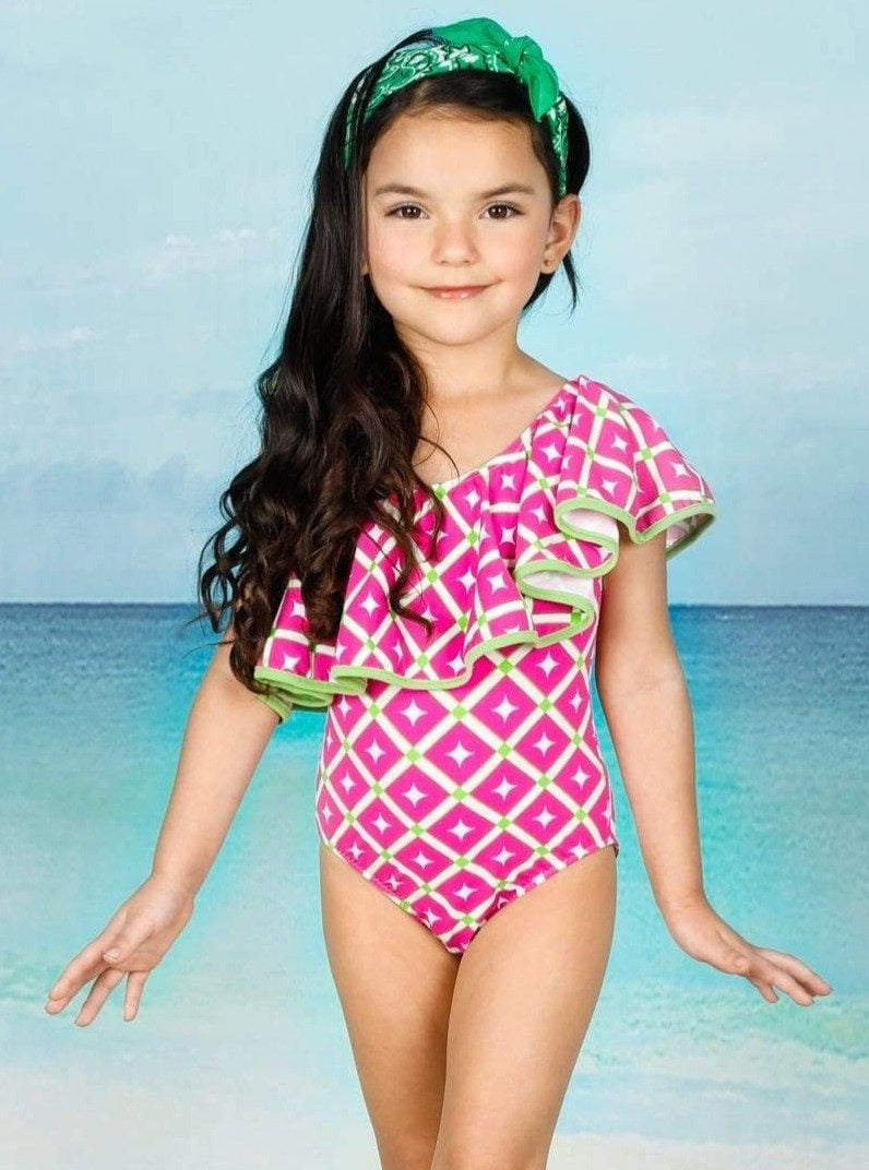 Kids Swimsuits  Girls One Shoulder Ruffle Printed One Piece Swimsuit – Mia  Belle Girls