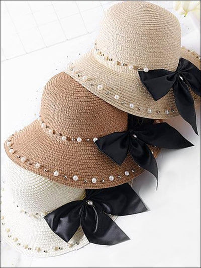 Girls Pearl and Bow Embellished Straw Hat - Girls Hats