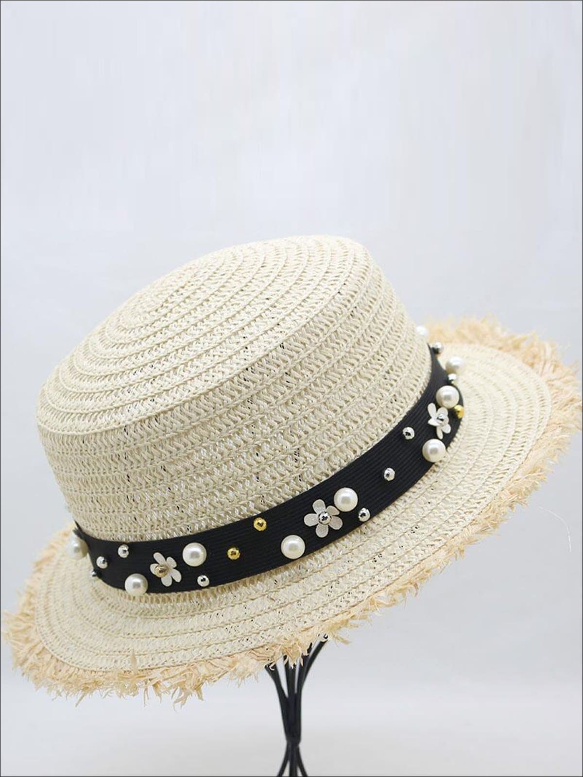 Girls Pearl Embellished Frayed Edge Straw Hat - Beige - Girls Hats