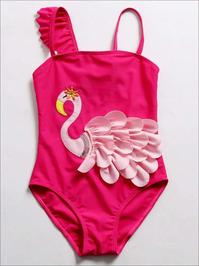 Girls Pink Flamingo One Piece Swimsuit With Feather Detail - Pink / 4T - Girls One Piece Swimsuit